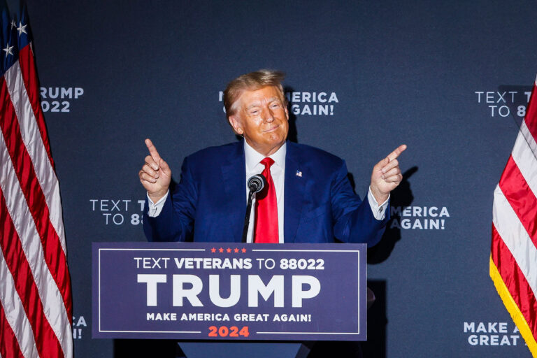 Former President of the United States Donald J. Trump delivers remarks at the Windham High School. (Erin Clark/The Boston Globe via Getty Images)