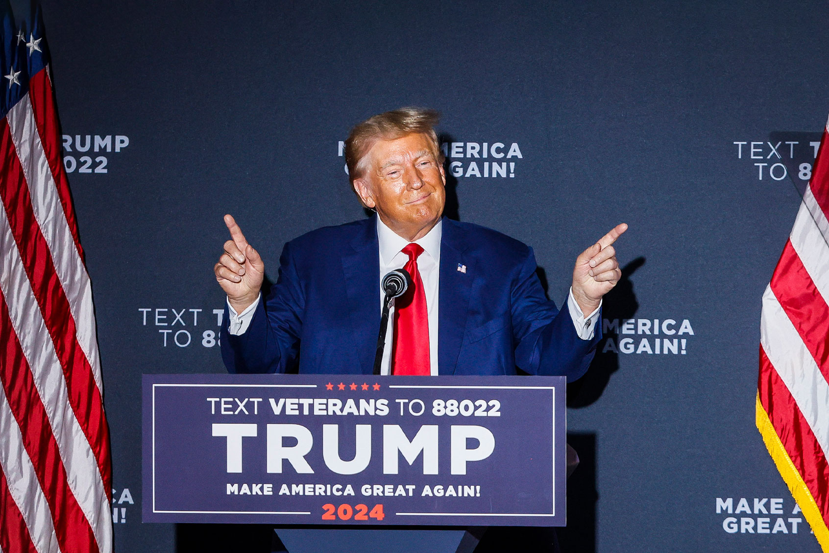 Former President of the United States Donald J. Trump delivers remarks at the Windham High School. (Erin Clark/The Boston Globe via Getty Images)