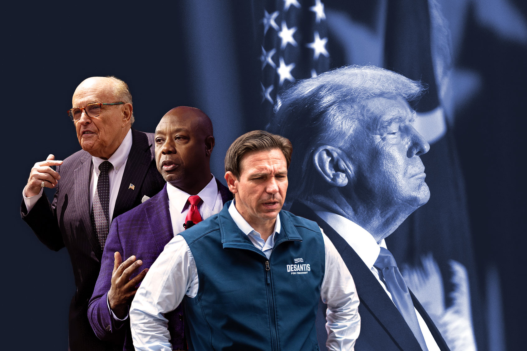 Donald Trump, Rudy Giuliani, Tim Scott and Ron DeSantis (Photo illustration by Salon/Getty Images)