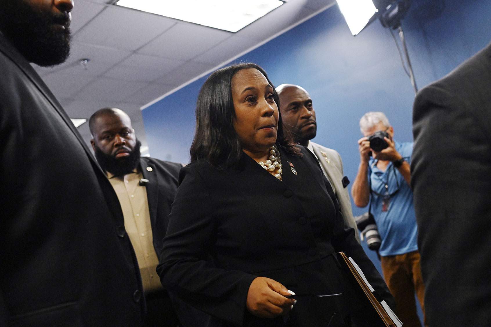 Fulton County District Attorney Fani Willis speaks during a news conference at the Fulton County Government building on August 14, 2023 in Atlanta, Georgia. (Joshua Lott/The Washington Post via Getty Images)