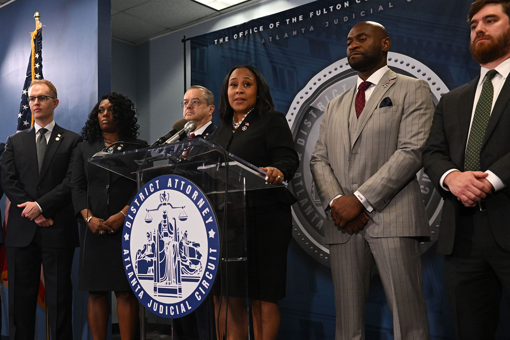 Fulton County District Attorney Fani Willis speaks during a news conference at the Fulton County Government building on August 14, 2023 in Atlanta, Georgia. (Joshua Lott/The Washington Post via Getty Images)