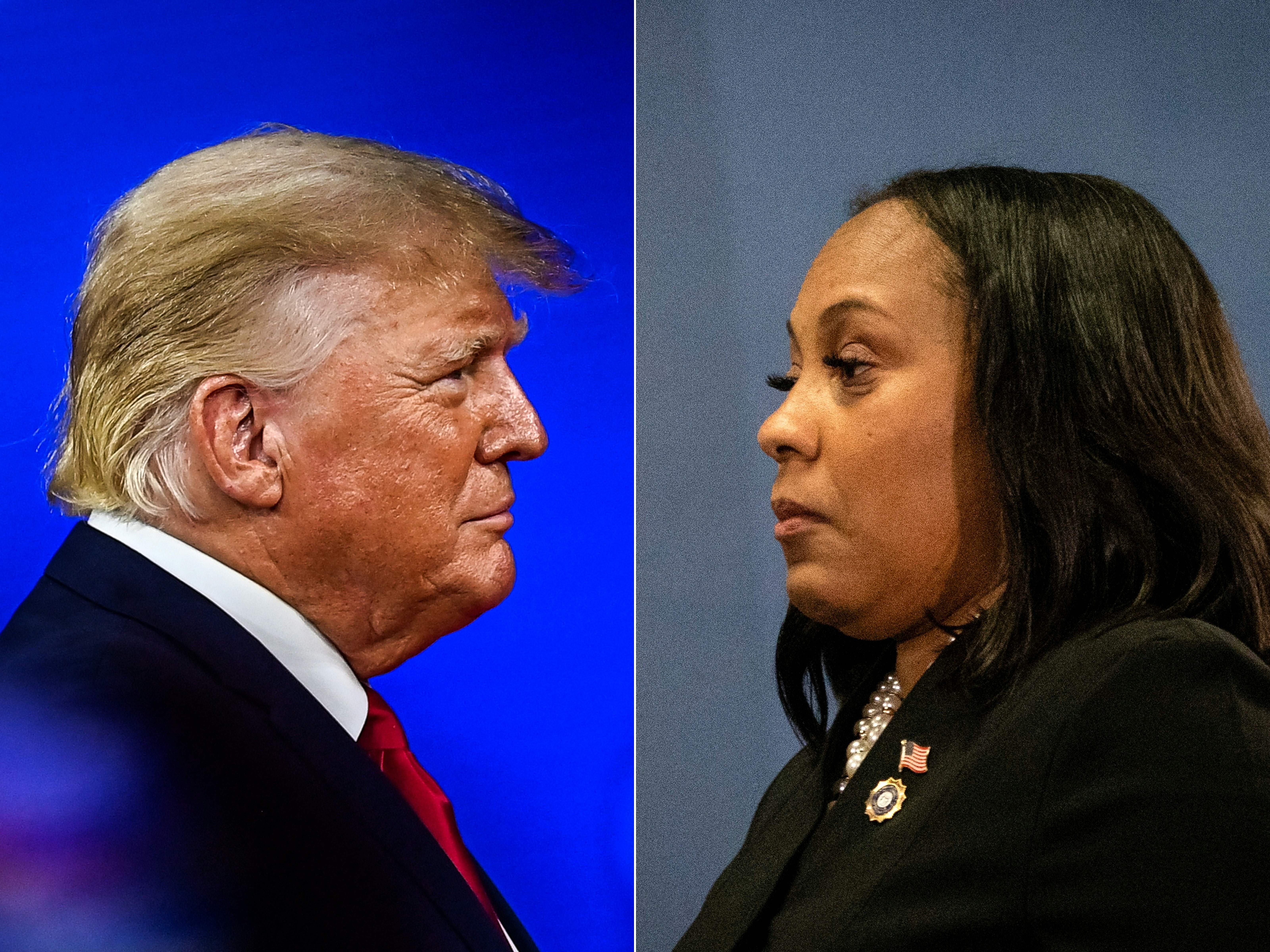 This combination of pictures created on Aug. 14, 2023 shows former President Donald Trump in Orlando on Feb. 26, 2022, and Fulton County District Attorney Fani Willis on Aug. 14, 2023, in Atlanta. (Chandan Khanna, Christian Monterrosa/AFP via Getty Images)