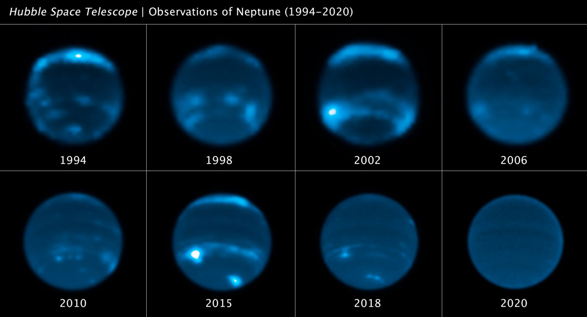 This sequence of Hubble Space Telescope images chronicles the waxing and waning of the amount of cloud cover on Neptune.