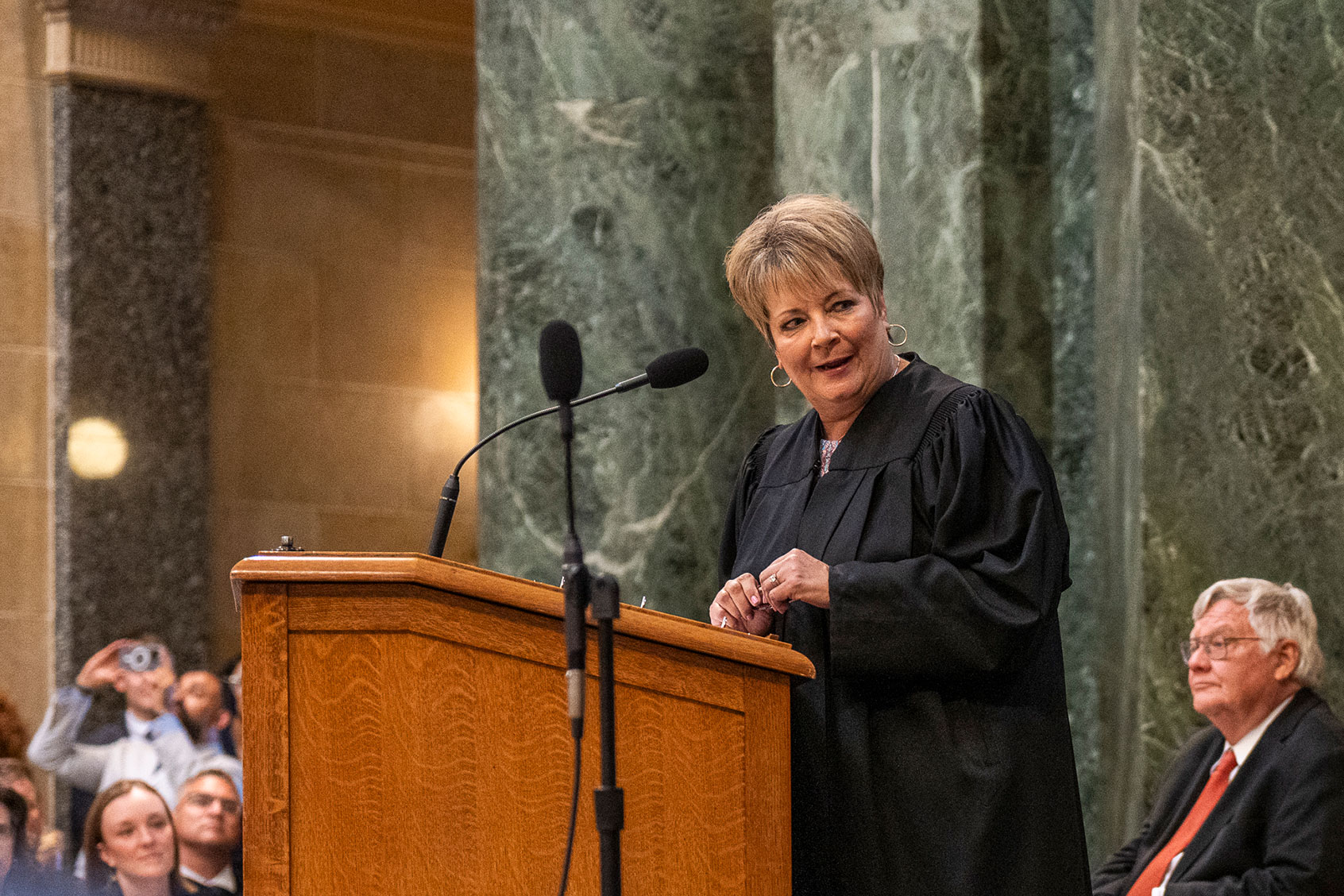 Janet Protasiewicz giving remarks at her swearing in ceremony at the Wisconsin Capitol rotunda in Madison, Wis. on August 1, 2023. (Sara Stathas for The Washington Post via Getty Images)