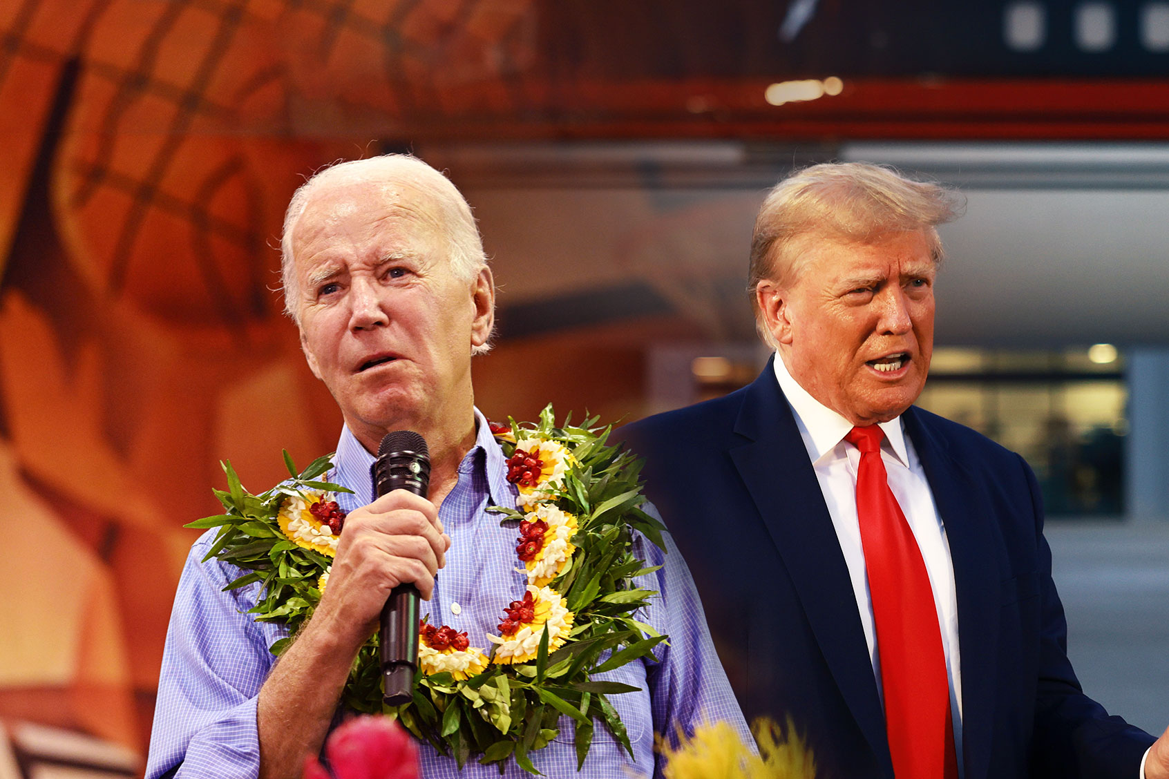 US President Joe Biden speaks during a community engagement event at the Lahaina Civic Center in Lahaina, Hawaii on August 21, 2023. | Former U.S. President Donald Trump speaks to the media at Atlanta Hartsfield-Jackson International Airport after surrendering at the Fulton County jail on August 24, 2023 in Atlanta, Georgia. (Photo illustration by Salon/Getty Images)