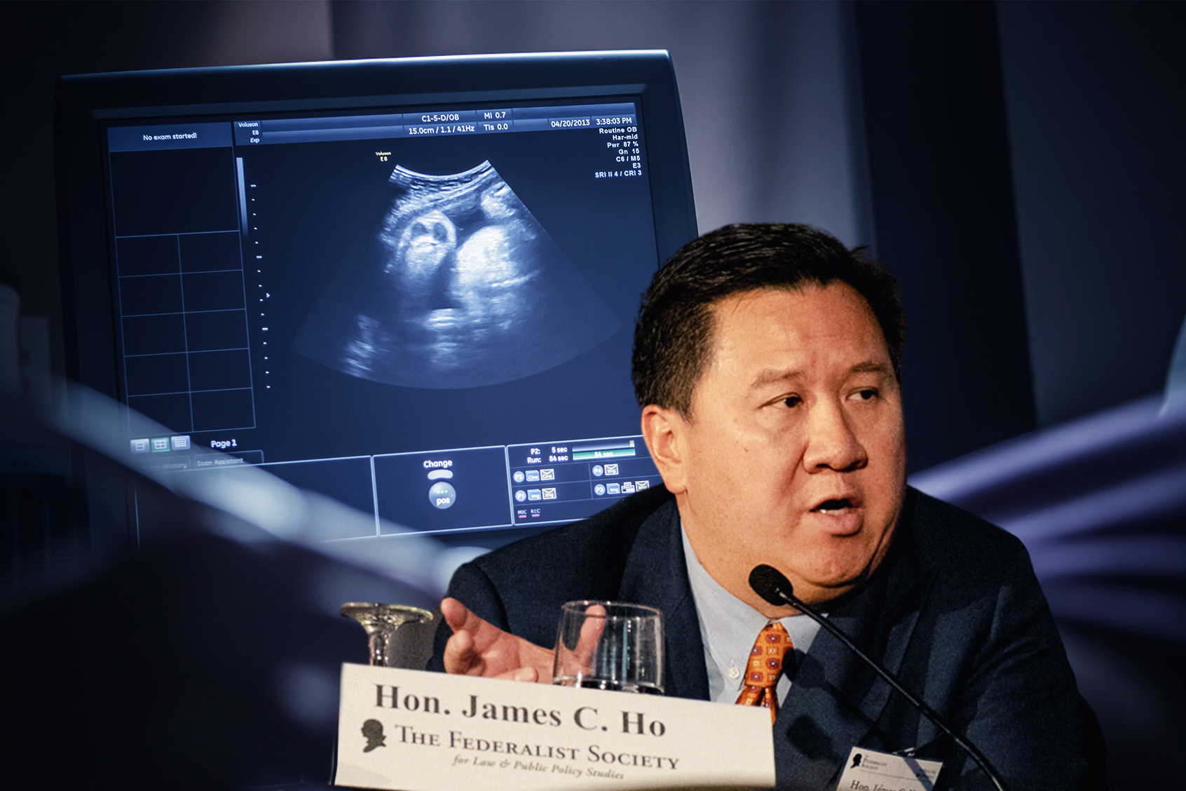 Judge James Ho of the U.S. Court of Appeals for the Fifth Circuit and a picture of a sonogram. (Getty Images / The Washington Post )