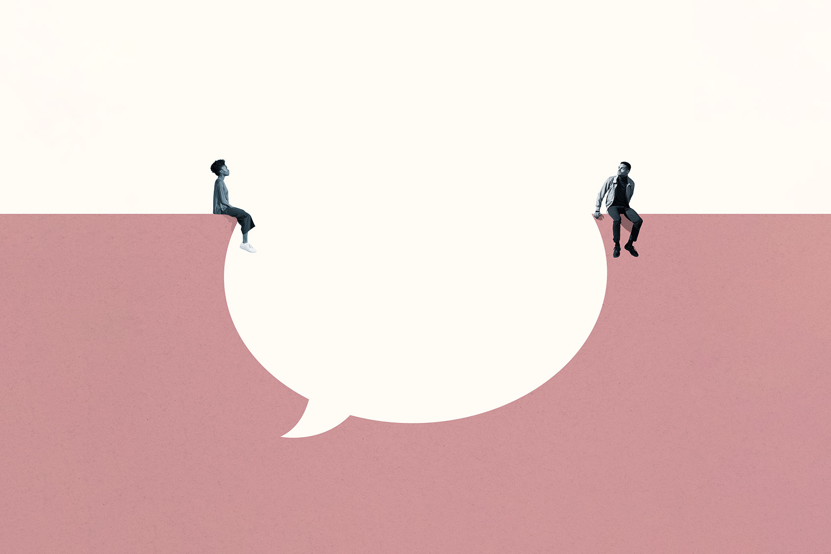 A man and woman sitting across a speech bubble (Getty Images/Klaus Vedfelt)