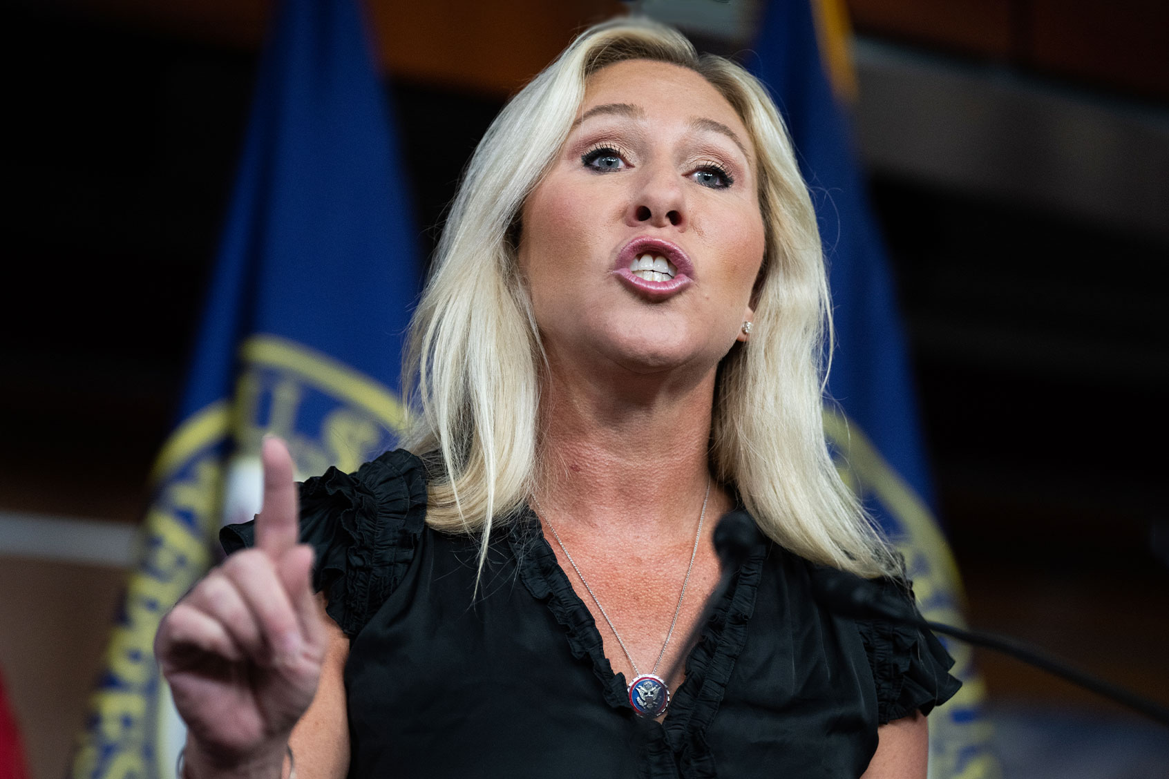Rep. Marjorie Taylor Greene, R-Ga., conducts a news conference in the Capitol Visitor Center on her plans to file articles of impeachment against President Biden on Thursday, May 18, 2023. (Tom Williams/CQ-Roll Call, Inc via Getty Images)