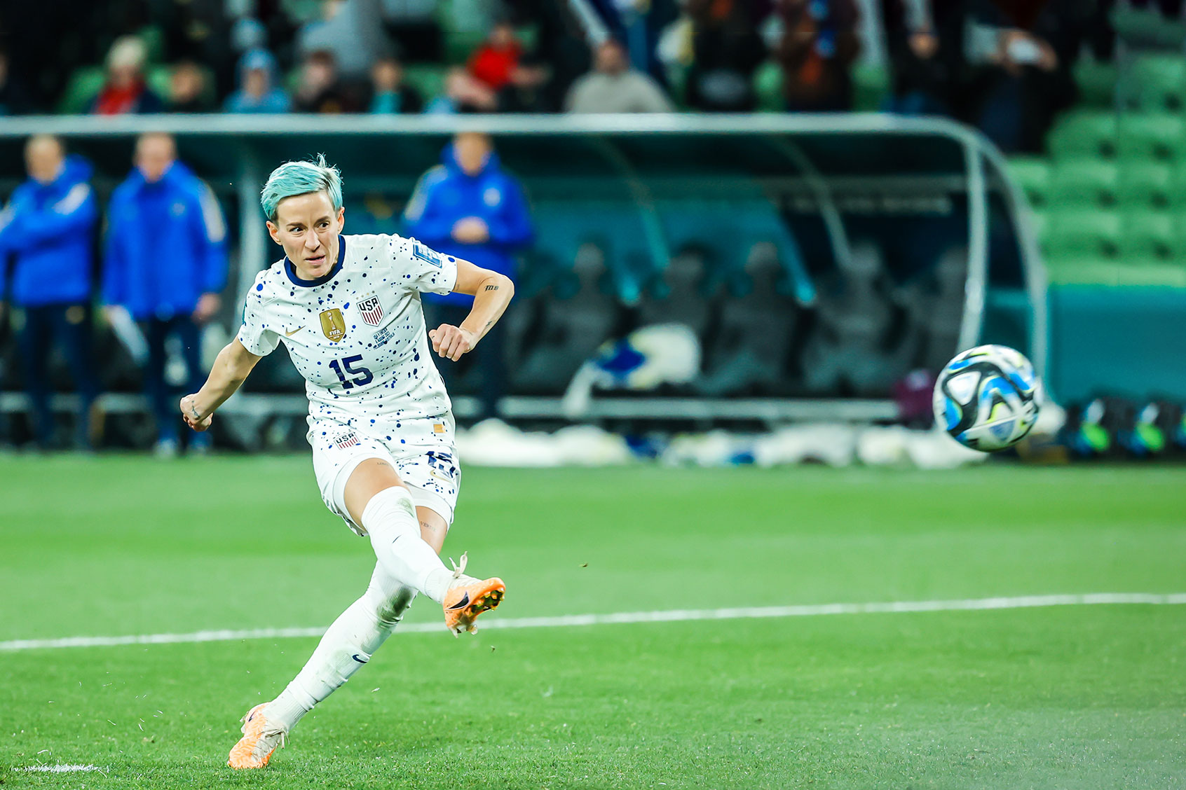 Megan Rapinoe of USA misses her penalty in the shootout as Sweden plays USA at the FIFA Women's World Cup Australia & New Zealand 2023 at Melbourne Rectangular Stadium on August 06, 2023. (Chris Putnam/Future Publishing via Getty Images)