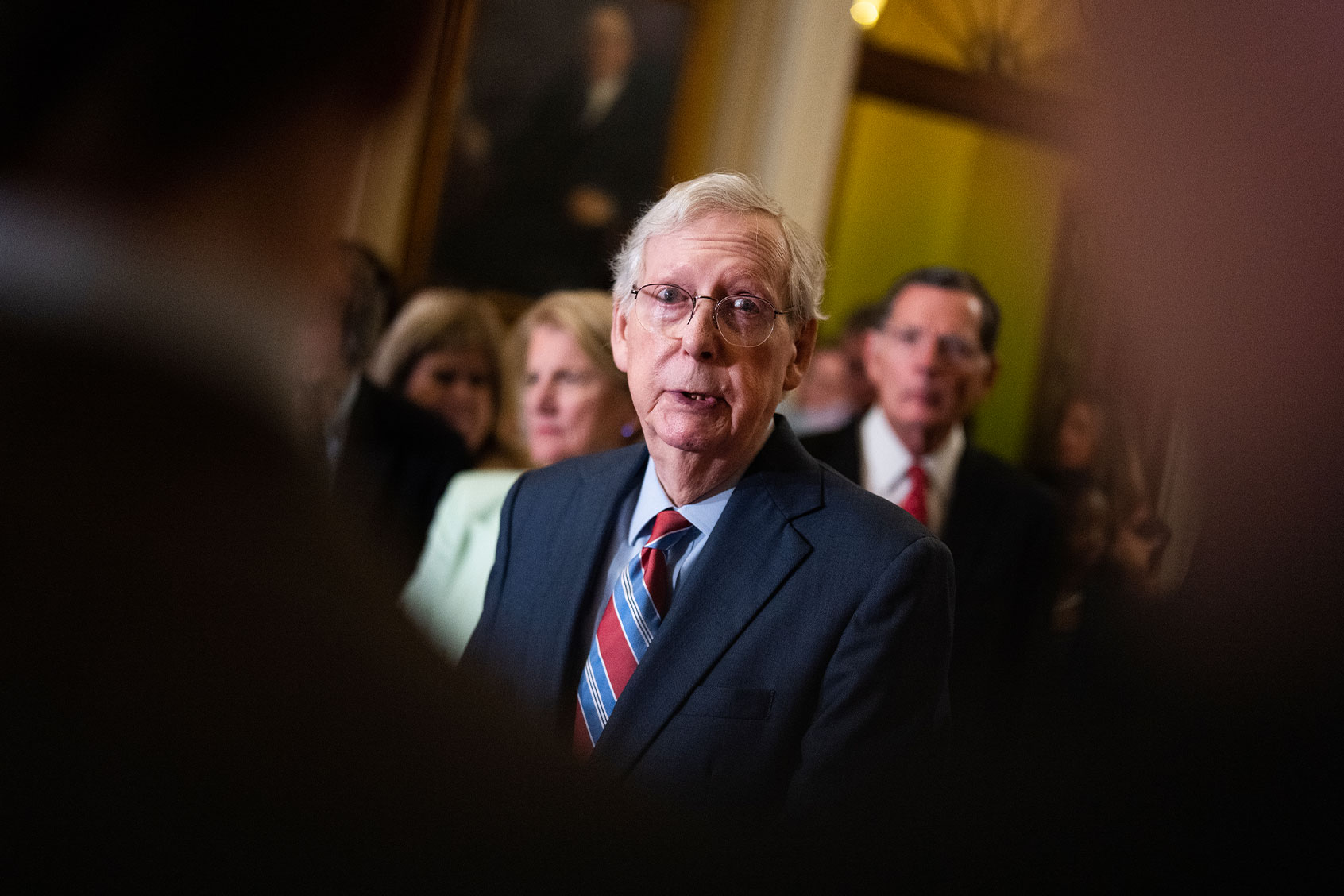 Senate Minority Leader Mitch McConnell, R-Ky., takes questions after taking a break from a news conference because of lightheadedness, after the senate luncheons on Wednesday, July 26, 2023. (Tom Williams/CQ-Roll Call, Inc via Getty Images)