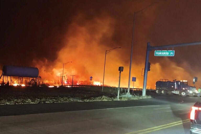 In this image obtained from the County of Maui, a wildfire burns on the island of Maui near an intersection at Hokiokio Place and Lahaina Bypass in Lahaina, Hawaii, August 9, 2023. (Photo courtesy of County of Maui / Zeke Kalua)