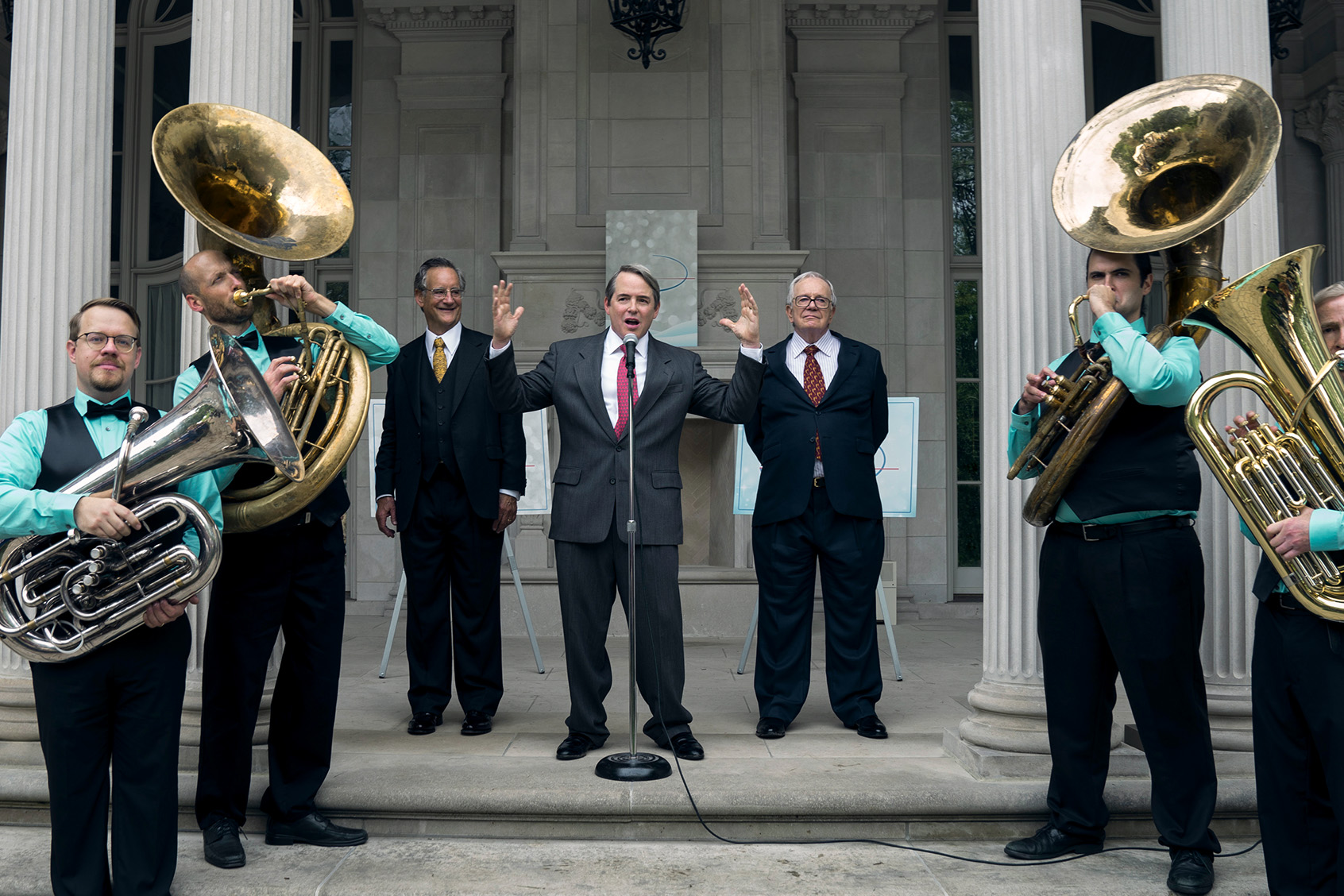(L to R) John Rothman as Mortimer Sackler, Matthew Broderick as Richard Sackler, Sam Anderson as Raymond Sackler in Netflix's "Painkiller" (Keri Anderson/Netflix)