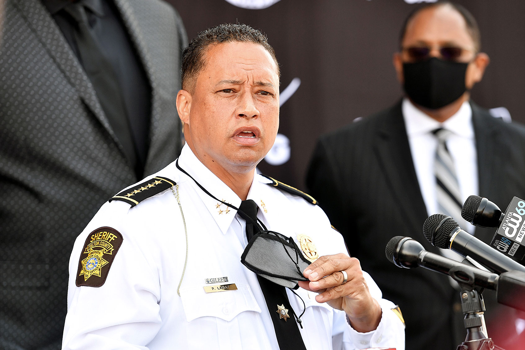 Fulton County Sheriff, Patrick Labat speaks during Pepsi Stronger Together and CTG Foundation Atlanta Law Enforcement Press Conference on April 07, 2021 in McDonough, Georgia. (Paras Griffin/Getty Images for Pepsi Stronger Together)