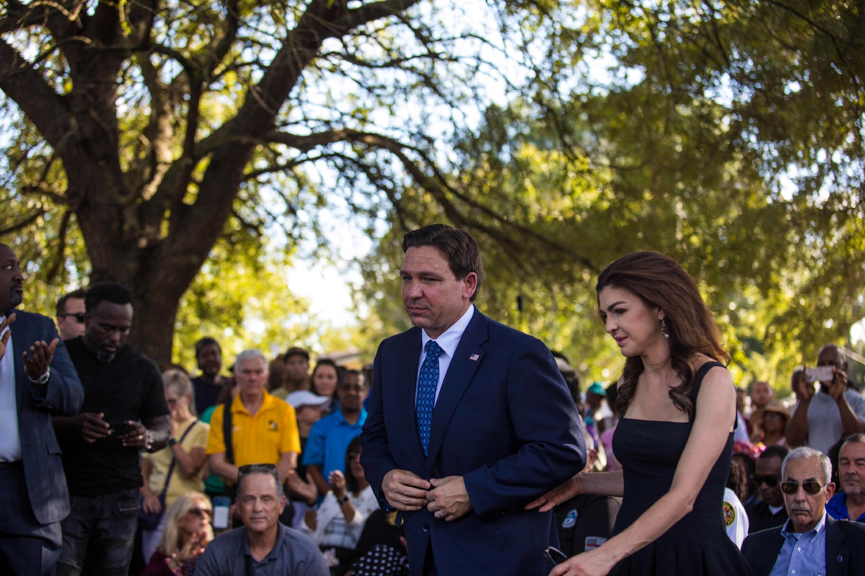 Governor Ron DeSantis and his wife attend a vigil to honor the victims of a deadly shooting that took place in Jacksonville, Florida on August 27, 2023. (Saul Martinez for The Washington Post via Getty Images)