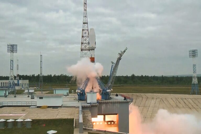 Soyuz-2.1b rocket carrying the Luna-25 lunar station blasting off from the Vostochny Cosmodrome in the Amur Oblast of Russia's Far East on Aug. 11, 2023. (Xinhua via Getty Images)