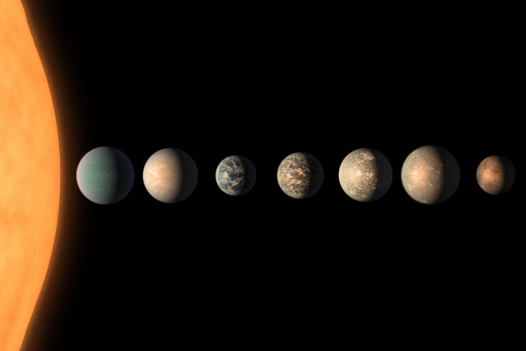 This artist's concept shows what the TRAPPIST-1 planetary system may look like, based on available data about the planets' diameters, masses and distances from the host star, as of February 2018. (NASA/JPL-Caltech)