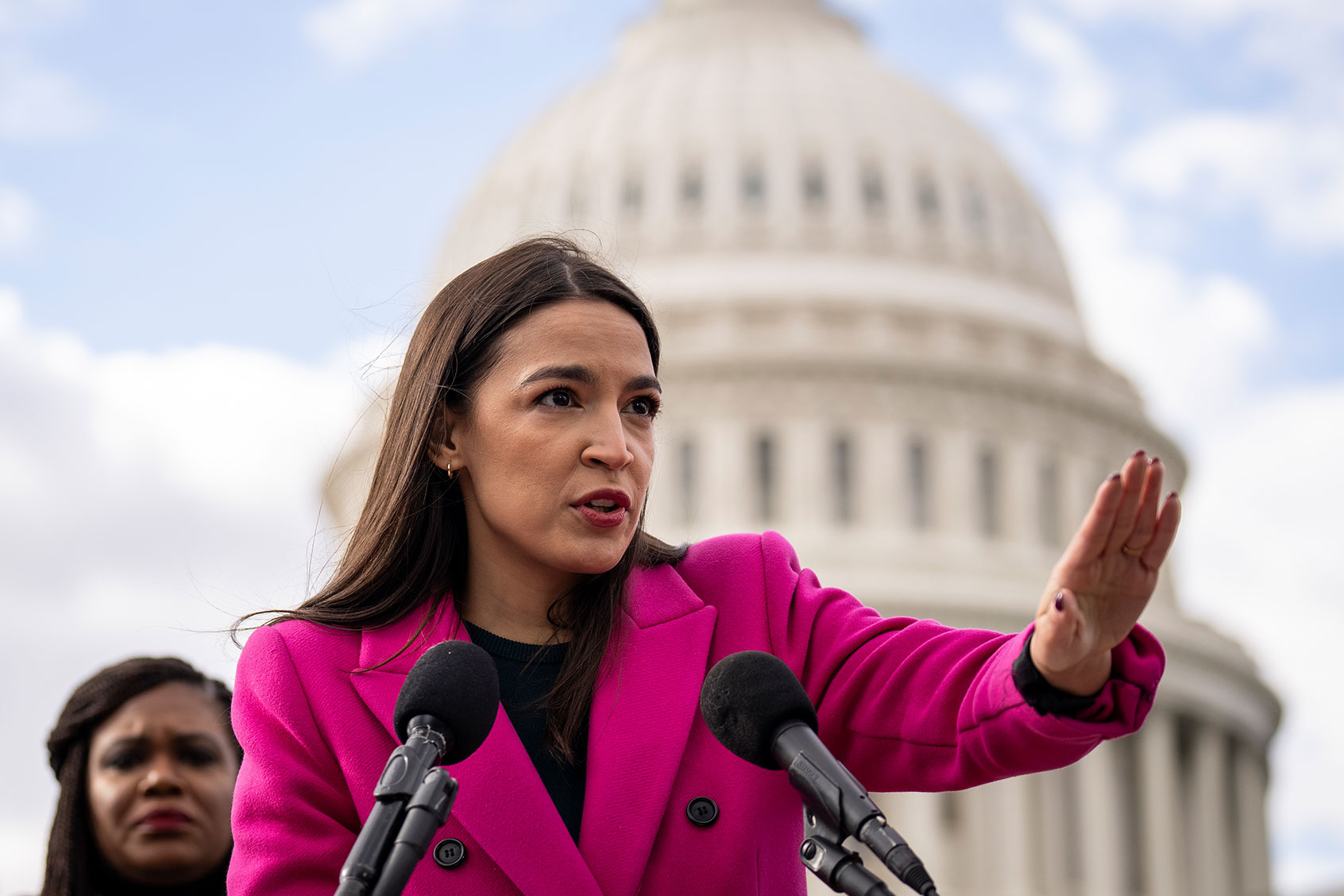Rep. Alexandria Ocasio-Cortez (D-NY) speaks during a news conference with Democratic lawmakers about the Biden administrations border politics, outside the U.S. Capitol on January 26, 2023 in Washington, DC. (Drew Angerer/Getty Images)