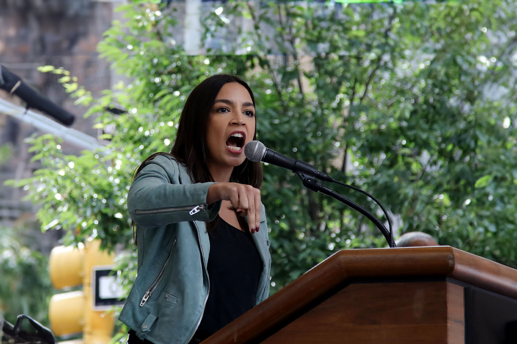 US Democratic Representative from New York Alexandria Ocasio-Cortez speaks at the end of the rally to end fossil fuels ahead of the 78th United Nations General Assembly and Climate Ambition Summit in New York on September 17, 2023. (LEONARDO MUNOZ/AFP via Getty Images)