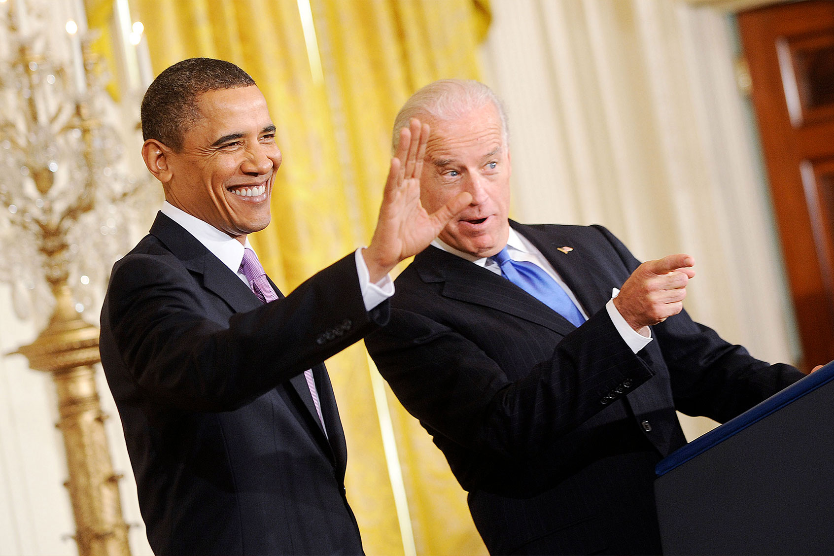 President Barack Obama and Vice President Joe Biden greet the delegation from the U.S. Conference of Mayors in the East Room on January 21, 2010 in Washington, DC. (Olivier Douliery-Pool/Getty Images)