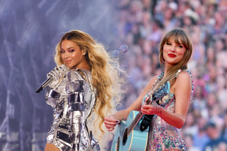 Beyoncé performs onstage during the Renaissance World Tour | Taylor Swift performs onstage during the Eras Tour (Photo illustration by Salon/Getty Images)