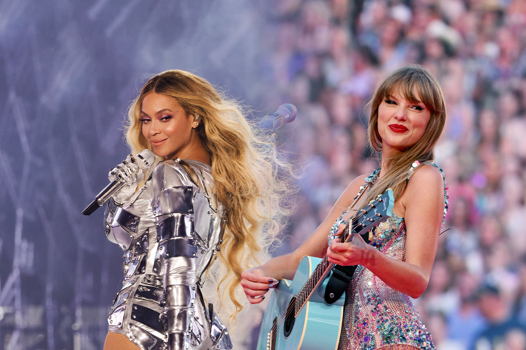 Beyoncé performs onstage during the Renaissance World Tour | Taylor Swift performs onstage during the Eras Tour (Photo illustration by Salon/Getty Images)