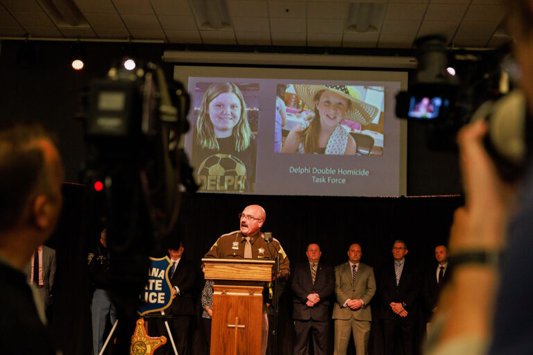 Carroll County Sheriff Tobias Leazenby speaks during a press conference after they arrested Richard Allen due to the 2017 murder of the two eighth-graders in Delphi. (Jeremy Hogan/SOPA Images/LightRocket via Getty Images)
