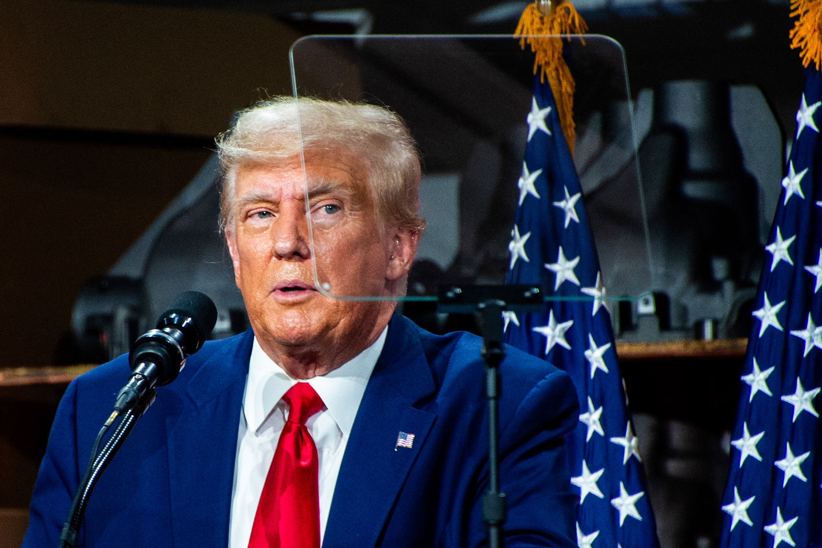 Former US President and 2024 presidential hopeful Donald Trump speaks at Drake Enterprises, an automotive parts manufacturer and supplier, in Clinton, Michigan, on September 27, 2023. (MATTHEW HATCHER/AFP via Getty Images)