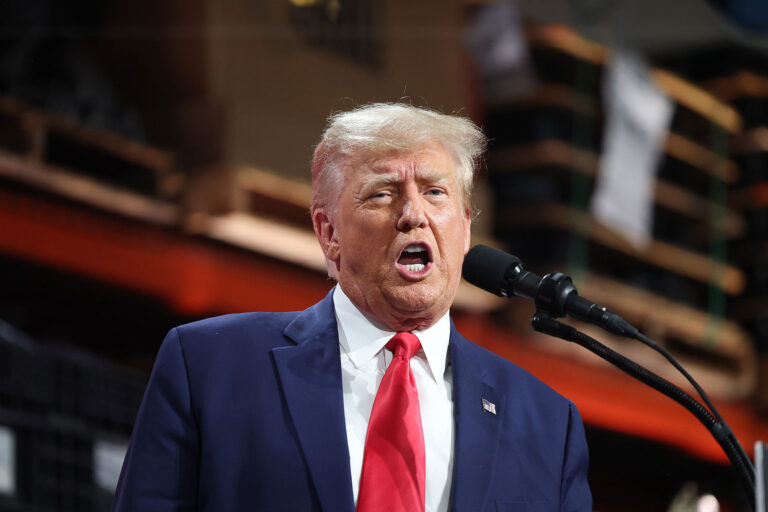 Former U.S. President Donald Trump speaks speaks at a campaign rally at Drake Enterprises, an automotive parts manufacturer, on September 27, 2023 in Clinton Township, Michigan. (Scott Olson/Getty Images)