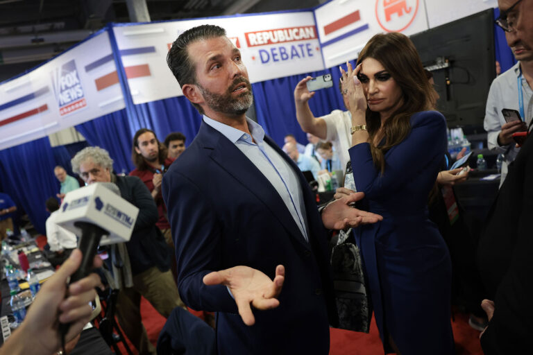Donald Trump Jr., son of former President Donald Trump, talks to members of the media following the first debate of the GOP primary season hosted by FOX News at the Fiserv Forum on August 23, 2023 in Milwaukee, Wisconsin. (Win McNamee/Getty Images)