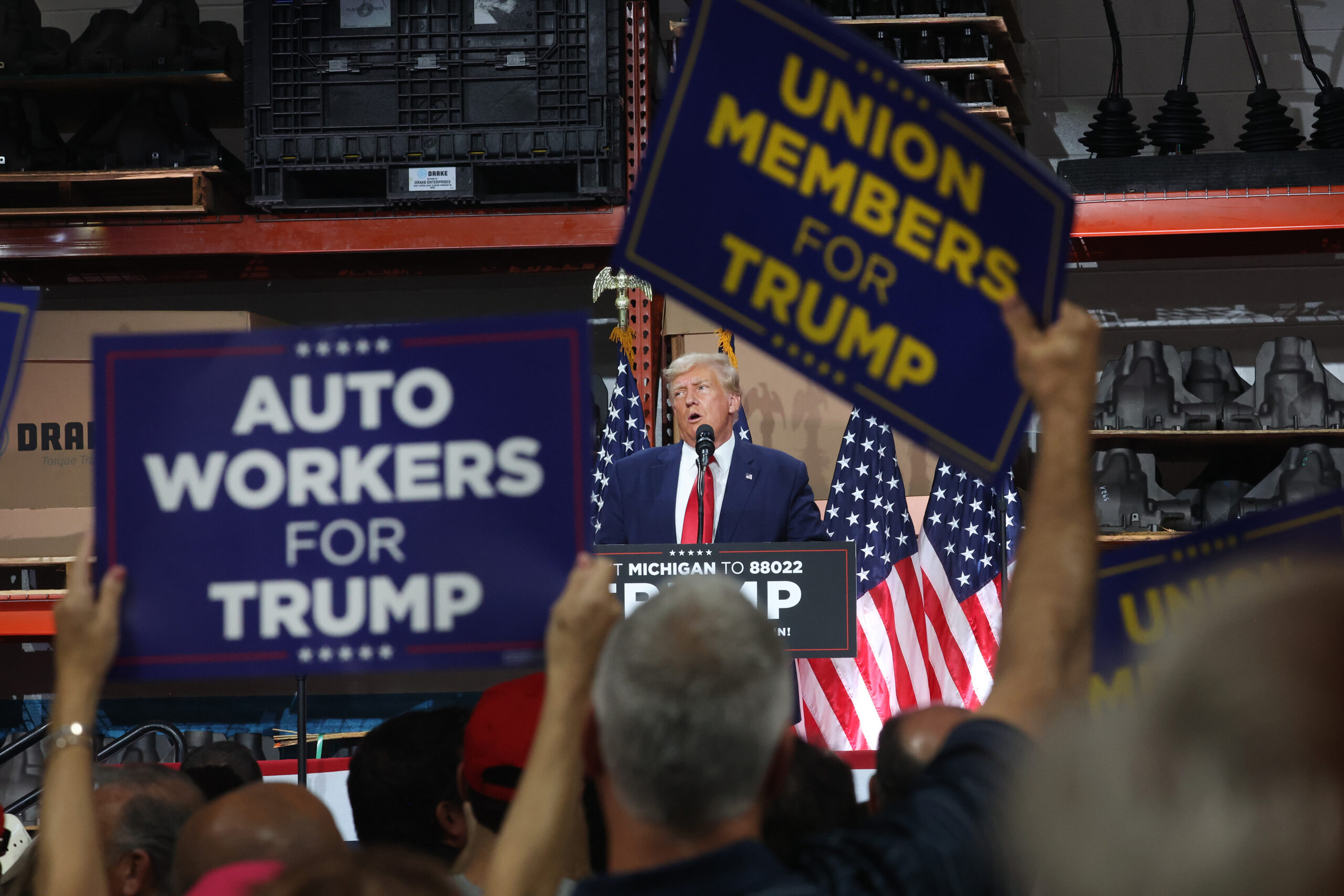 CLINTON TOWNSHIP, MICHIGAN - SEPTEMBER 27: Former U.S. President Donald Trump speaks at a campaign rally at Drake Enterprises, an automotive parts manufacturer, on September 27, 2023 in Clinton Township, Michigan. President Joe Biden met with striking UAW workers the day before at a General Motors parts facility. ( (Photo by Scott Olson/Getty Images))