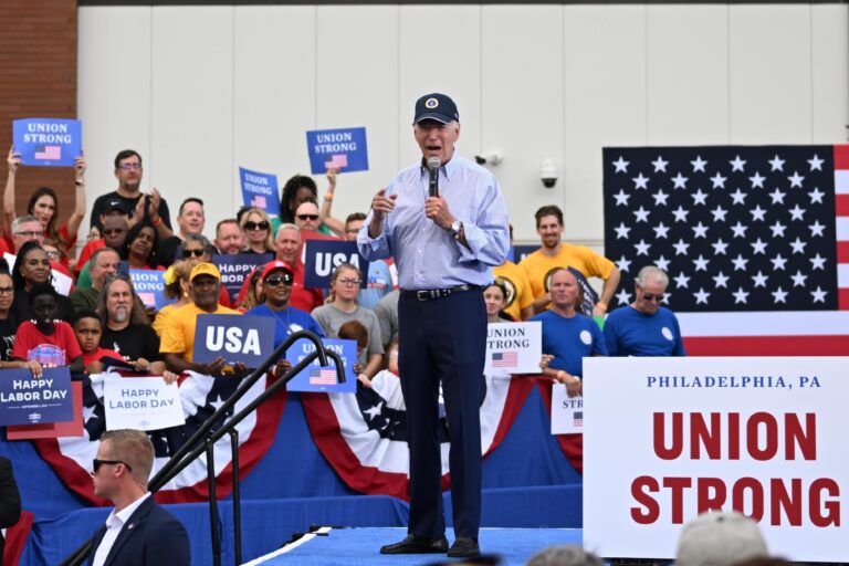 President Joe Biden addresses union workers at Sheet Metal Workers Local 19 on September 4, 2023 in Philadelphia, Pennsylvania. (Mark Makela/Getty Images)