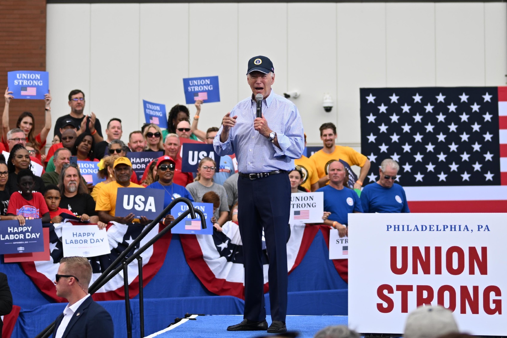 President Joe Biden addresses union workers at Sheet Metal Workers Local 19 on September 4, 2023 in Philadelphia, Pennsylvania. (Mark Makela/Getty Images)
