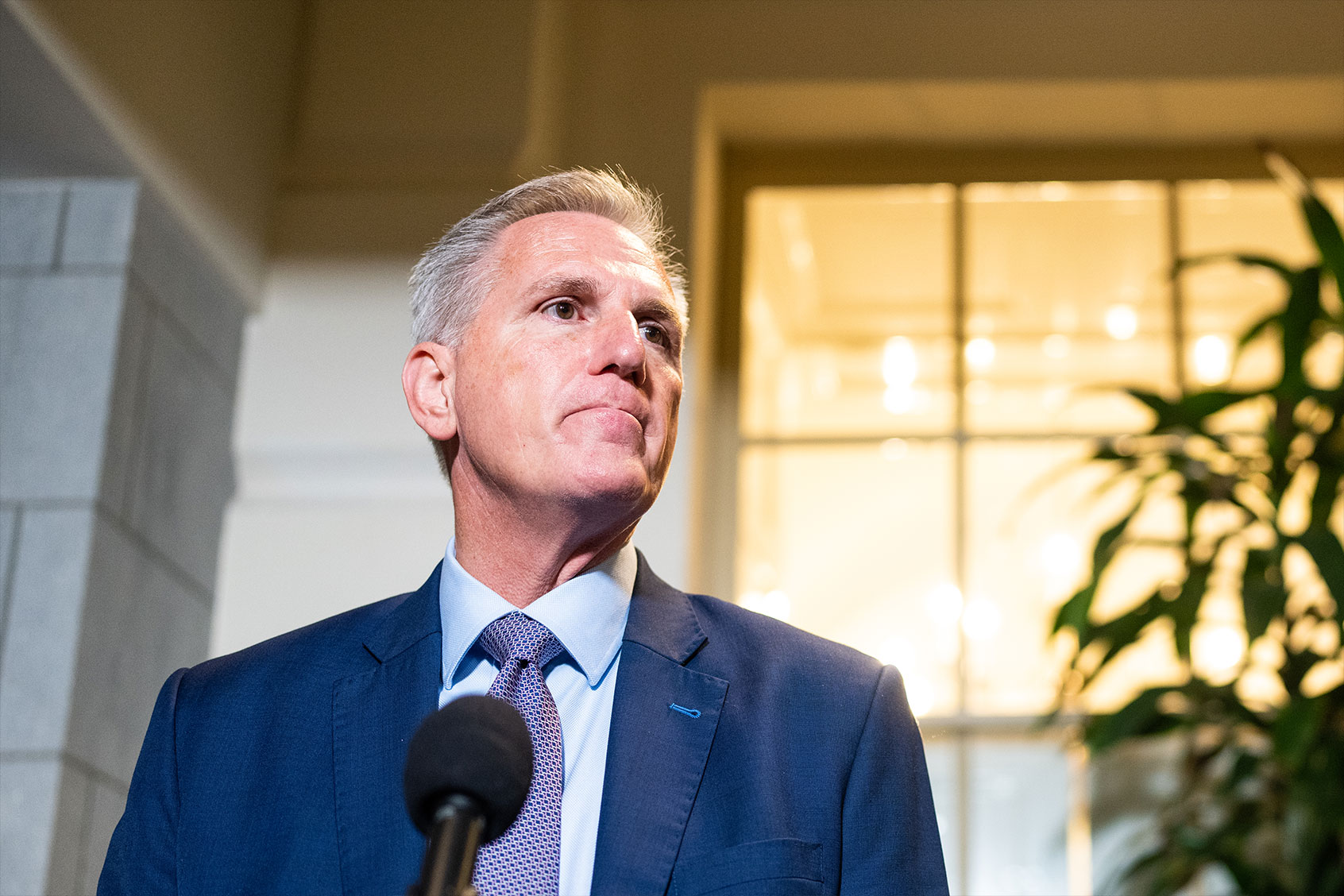Speaker of the House Kevin McCarthy, R-Calif., stops to speak to reporters as he leaves the House Republican Conference caucus meeting in the U.S. Capitol on Tuesday, September 19, 2023. (Bill Clark/CQ-Roll Call, Inc via Getty Images)
