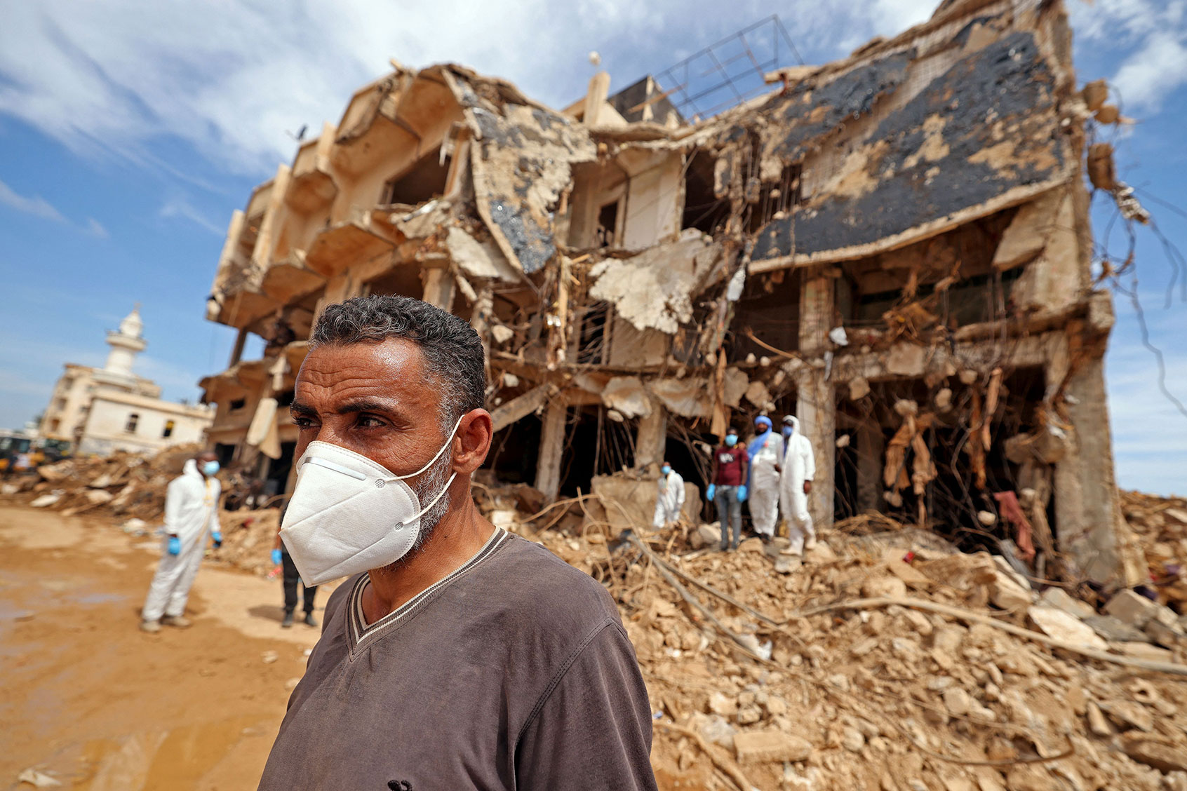 Rescue teams assist in relief work in Libya's eastern city of Derna September 17, 2023 following deadly flash floods. (KARIM SAHIB/AFP via Getty Images)