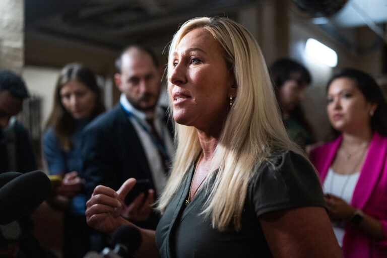Rep. Marjorie Taylor Greene, R-Ga., talks with reporters after a meeting of the House Republican Conference in the U.S. Capitol on Thursday, September 14, 2023. (Tom Williams/CQ-Roll Call, Inc via Getty Images)