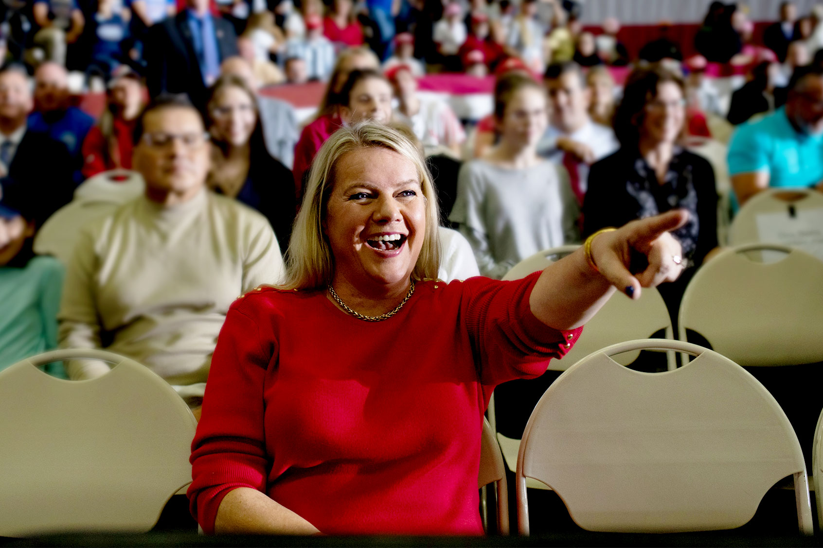 Co-Chair of the Michigan Republican Party Meshawn Maddock waves to an attendee during a Save America rally on October 1, 2022 in Warren, Michigan. (Emily Elconin/Getty Images)