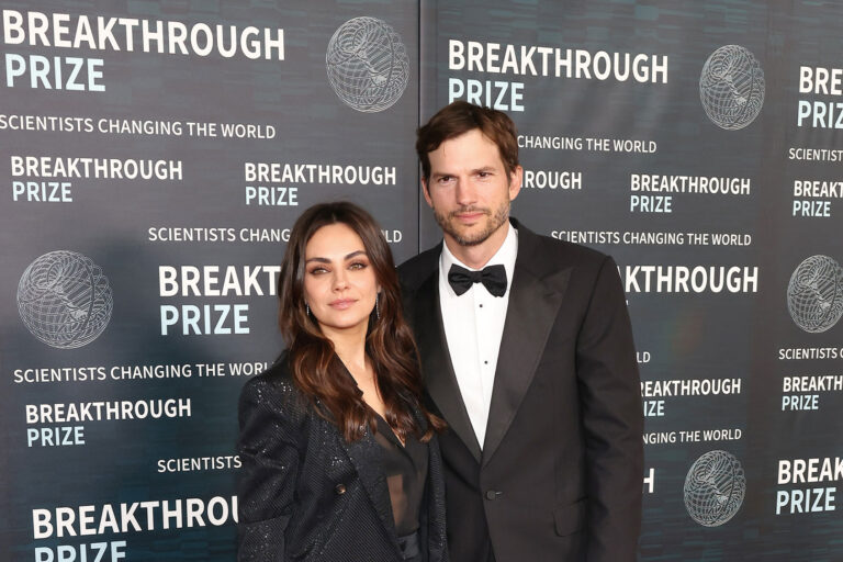 Mila Kunis and Ashton Kutcher arrive at the Ninth Breakthrough Prize Ceremony at Academy Museum of Motion Pictures on April 15, 2023 in Los Angeles, California. (Tommaso Boddi/Getty Images for Breakthrough Prize)