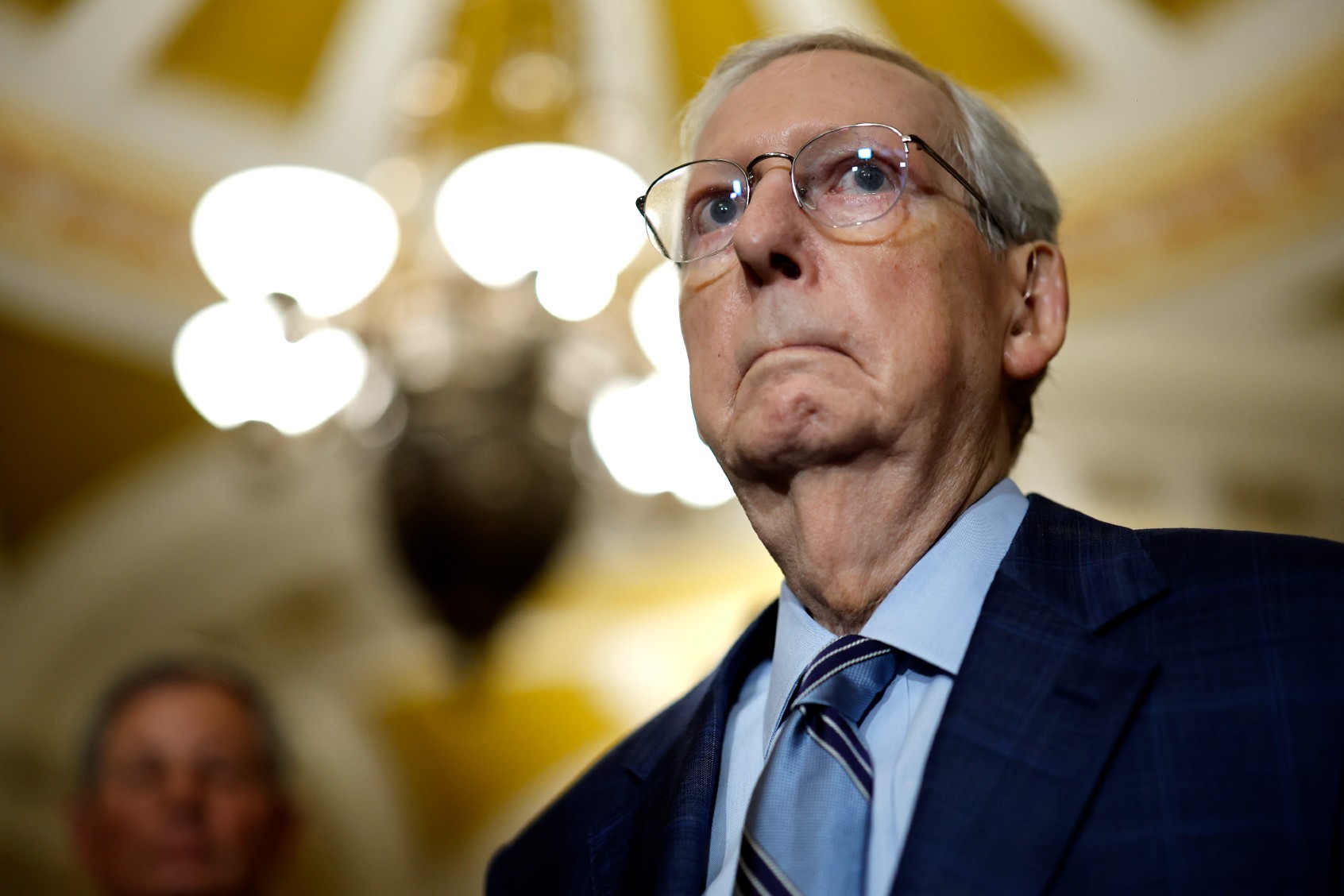 Senate Minority Leader Mitch McConnell (R-KY) listens to reporters' questions during a news conference following the weekly Republican Senate policy luncheon meeting at the U.S. Capitol on September 12, 2023 in Washington, DC. (Chip Somodevilla/Getty Images)