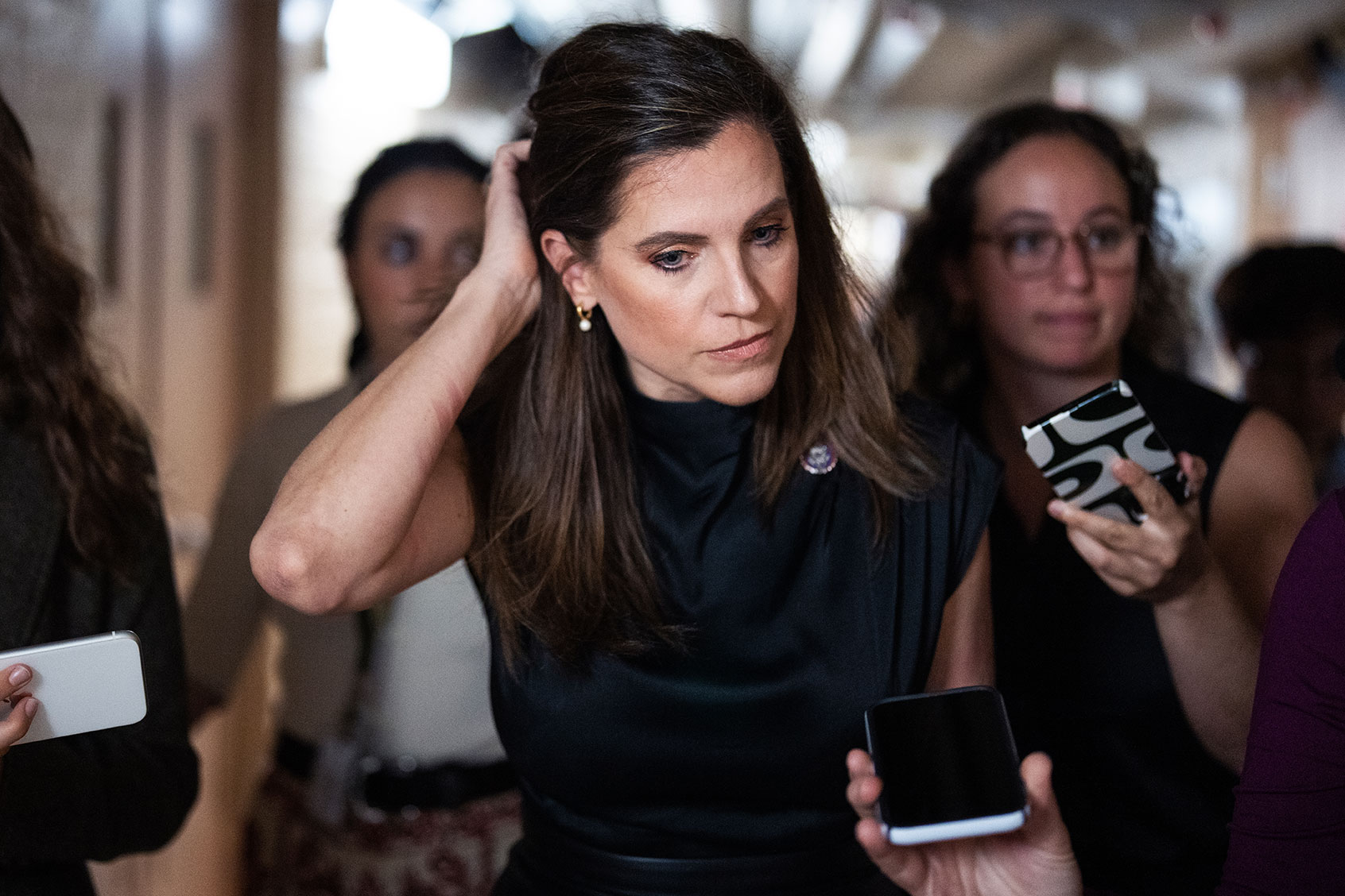Rep. Nancy Mace, R-S.C., talks reporters after a meeting of the House Republican Conference in the U.S. Capitol on Tuesday, September 19, 2023. (Tom Williams/CQ-Roll Call, Inc via Getty Images)