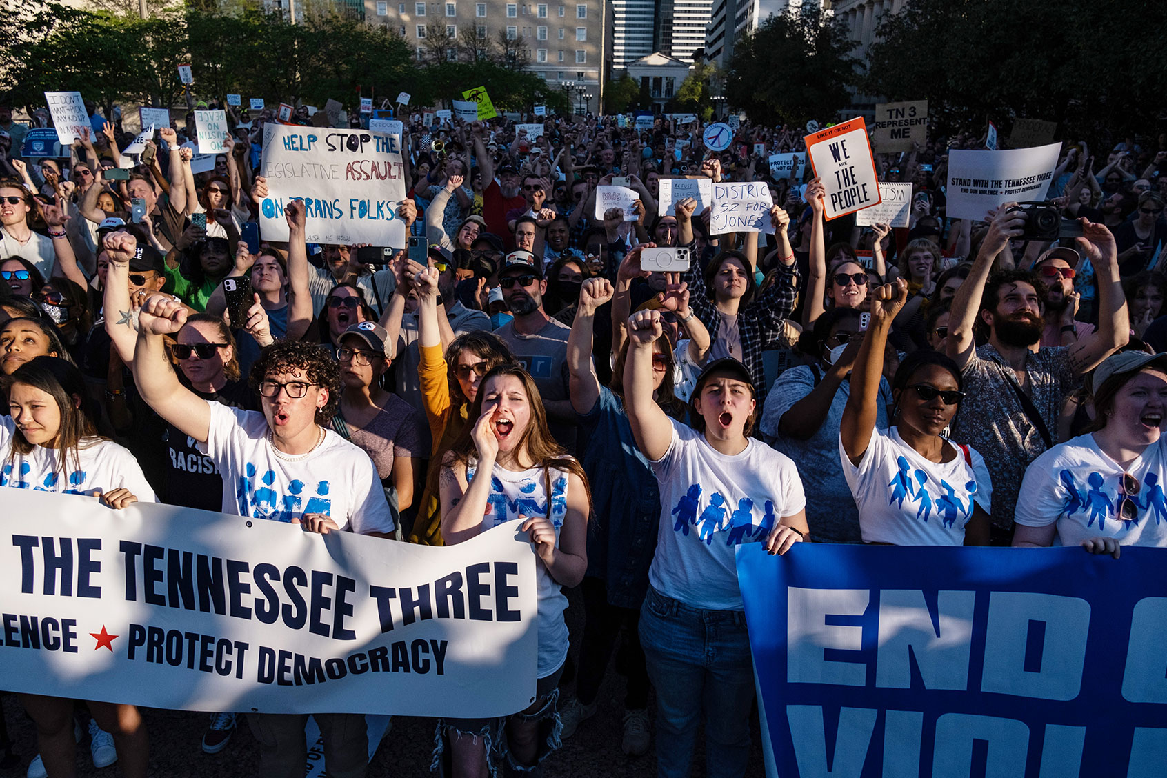 Protesters rally outside the state Capitol in support of Rep. Justin Jones of Nashville on April 10, 2023 in Nashville, Tennessee. (Seth Herald/Getty Images)