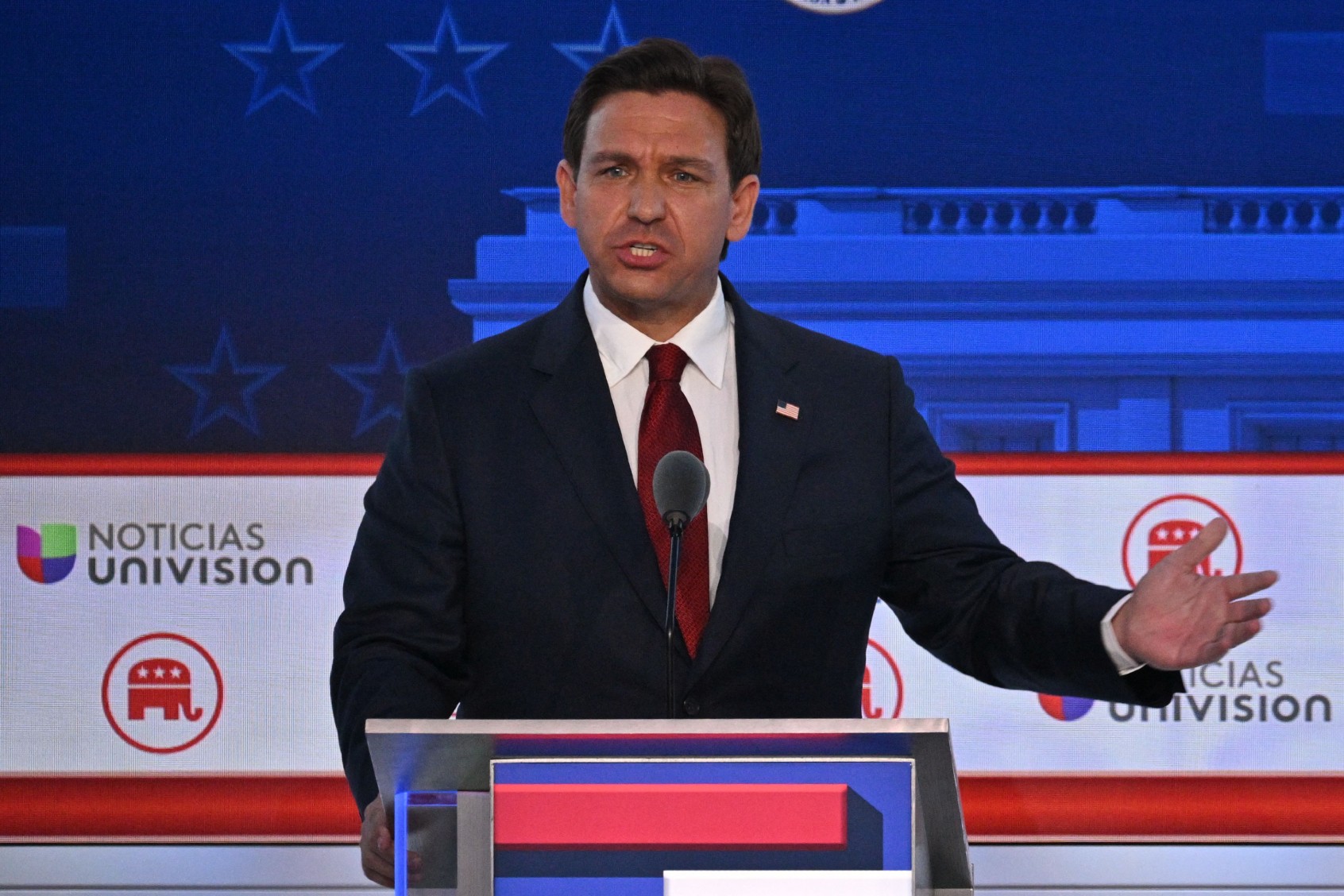 Florida Governor Ron DeSantis speaks during the second Republican presidential primary debate at the Ronald Reagan Presidential Library in Simi Valley, California, on September 27, 2023. (ROBYN BECK/AFP via Getty Images)