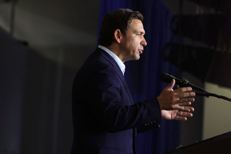 Republican presidential candidate Florida Governor Ron DeSantis Speaks to guests at Ashley's BBQ Bash hosted by Congresswoman Ashley Hinson (R-IA) on August 06, 2023 in Cedar Rapids, Iowa. (Scott Olson/Getty Images)