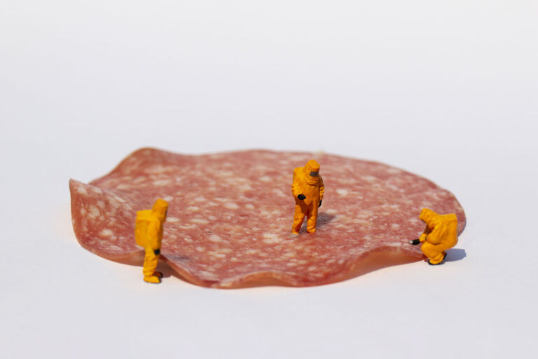 Small scientists in clean suits examining salami for bacteria (Getty Images/Hermann Mueller)
