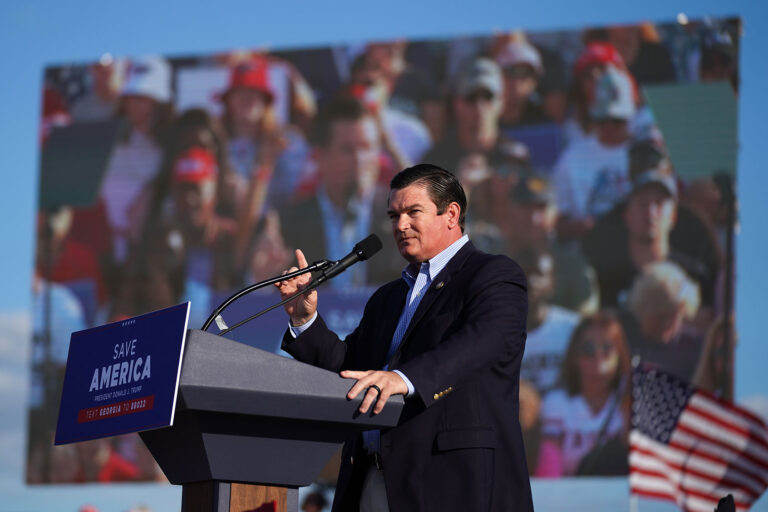 Rep. Austin Scott (R-GA) speaks to the crowd at a rally featuring former US President Donald Trump on September 25, 2021 in Perry, Georgia. (Sean Rayford/Getty Images)