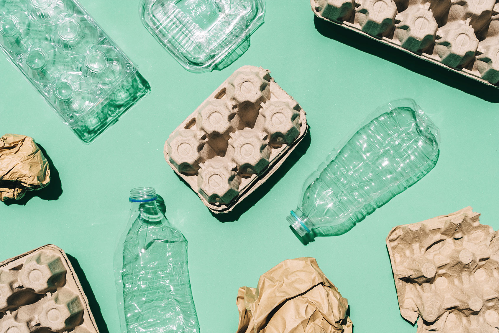 Biodegradable trash paper and plastic spread out (Getty Images/Tatiana Maksimova)
