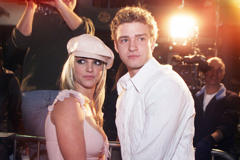 Britney Spears and boyfriend Justin Timberlake arrive at the premiere of her movie "Crossroads" at the Mann Chinese Theatre in Hollywood, Ca., Feb. 11, 2002. (Kevin Winter/Getty Images)