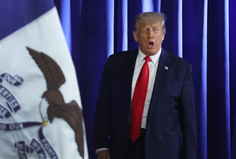 Republican presidential candidate former President Donald Trump arrives for a campaign event at the Dallas County Fairgrounds on October 16, 2023 in Adel, Iowa. (Scott Olson/Getty Images)