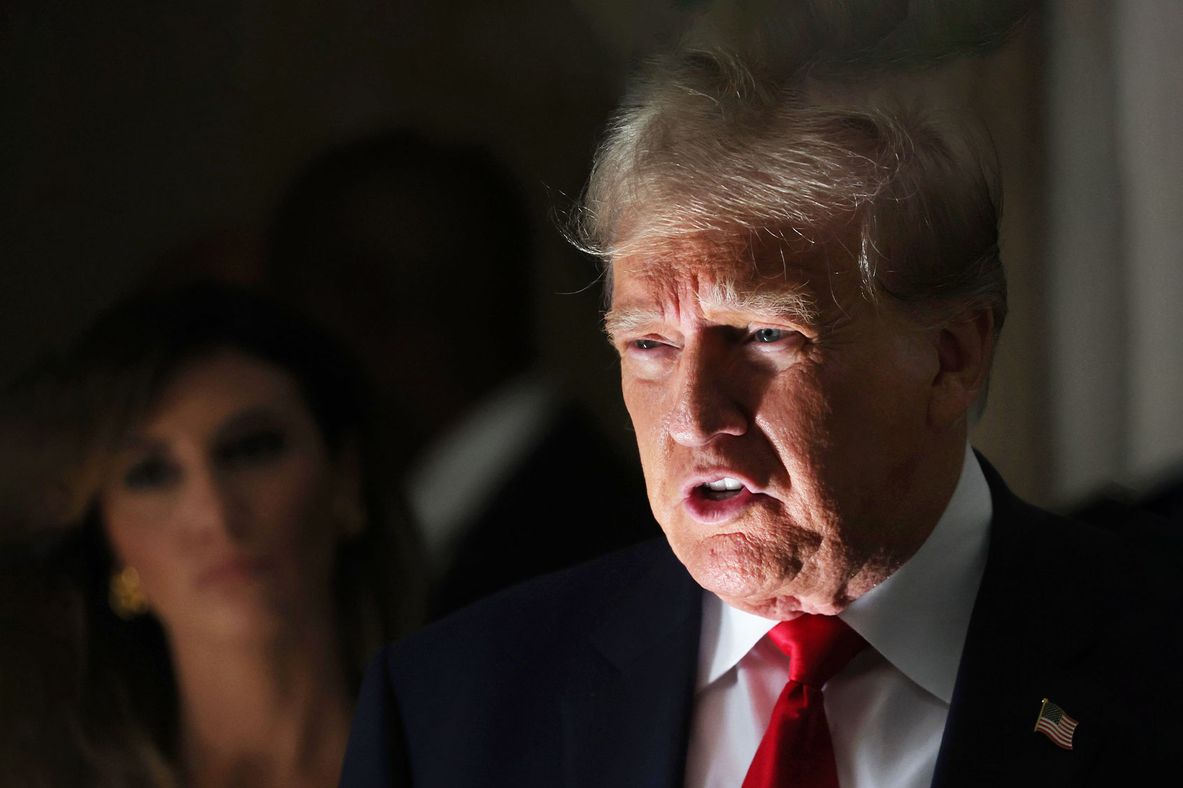 Former U.S. President Donald Trump speaks to the media on the third day of his civil fraud trial at New York State Supreme Court on October 04, 2023 in New York City. (Spencer Platt/Getty Images)