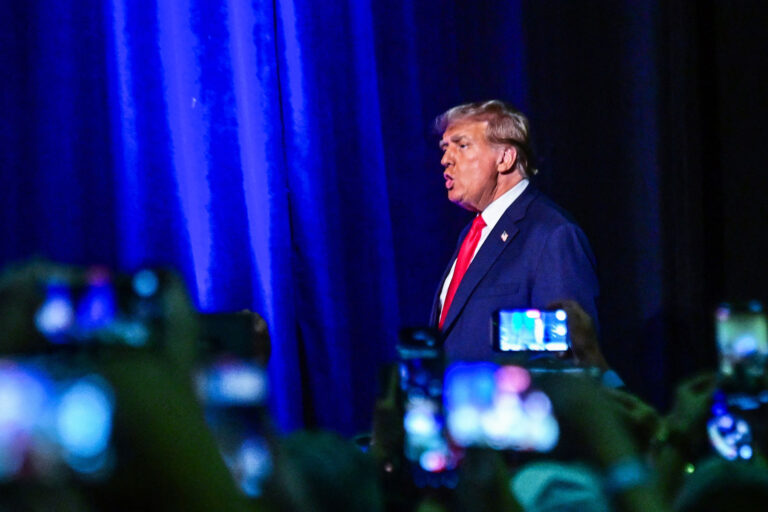 Former US President and Republican presidential hopeful Donald Trump holds a campaign event during a Club 47 USA event at Palm Beach County Convention Center in West Palm Beach, Florida on October 11, 2023. (GIORGIO VIERA/AFP via Getty Images)