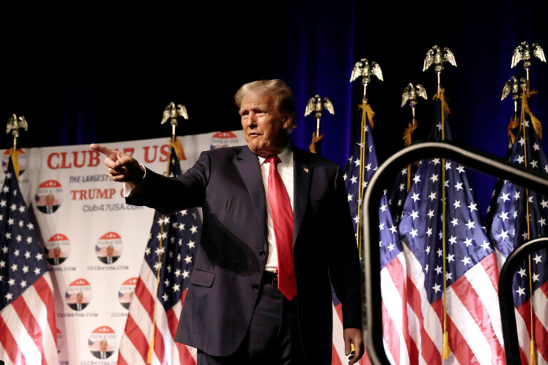 Former U.S. President Donald Trump leaves after delivering remarks at a rally hosted by Club 47 USA at the Palm Beach County Convention Center on October 11, 2023 in West Palm Beach, Florida. (Alon Skuy/Getty Images)